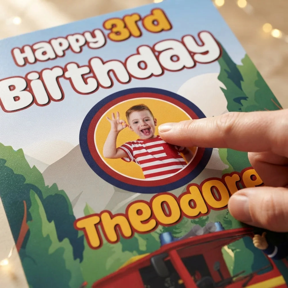 Close-up of the personalised name and photo printed on the Fireman Sam Mega Card