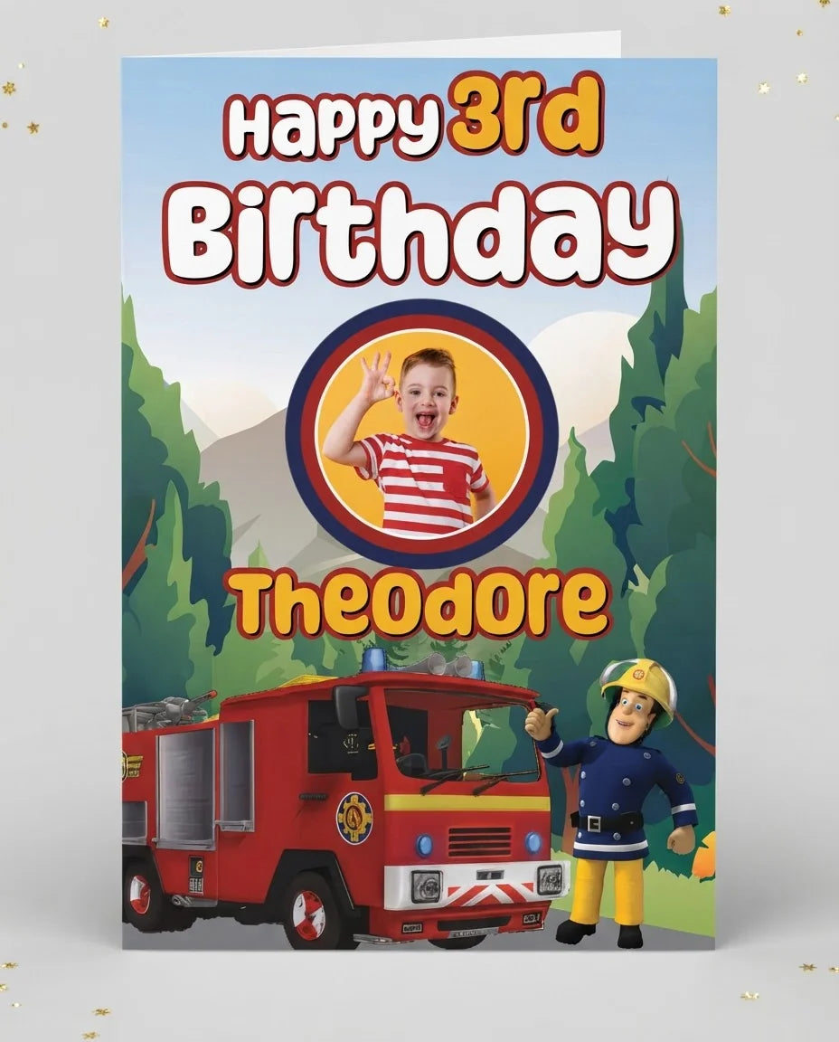 Personalised Fireman Sam Mega Card displayed against a plain studio background