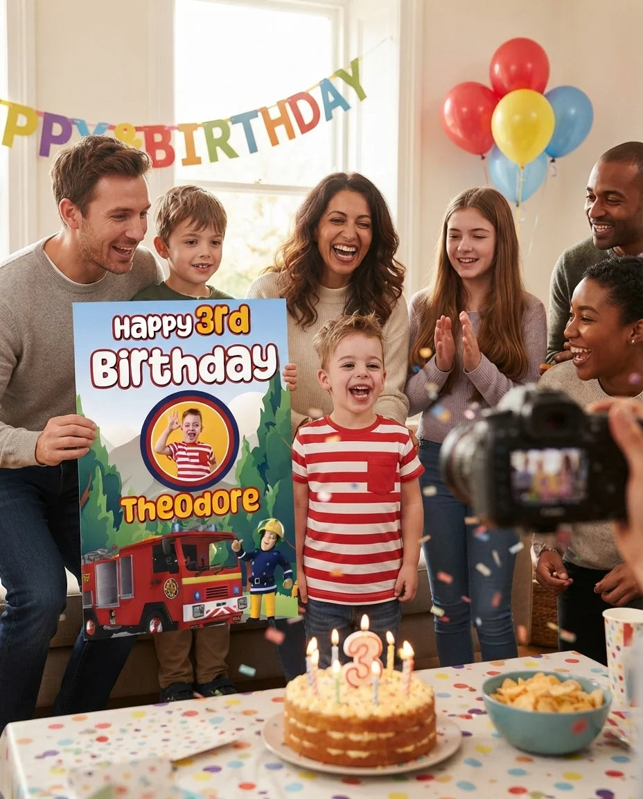 Friends and family celebrating with the personalised Fireman Sam Mega Card
