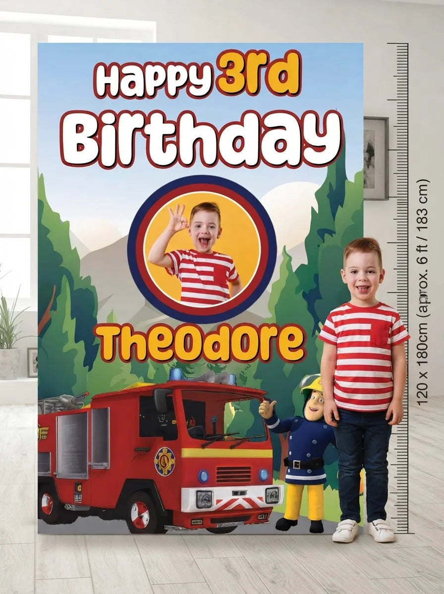 Person standing beside the Fireman Sam Mega Card for scale in a size guide