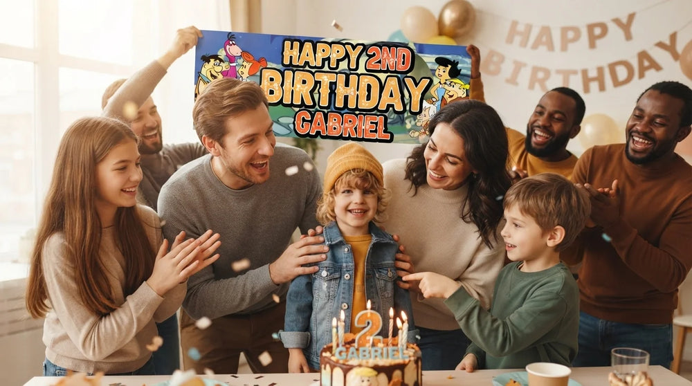 Friends and family celebrating with the personalised Flintstones Birthday Banner