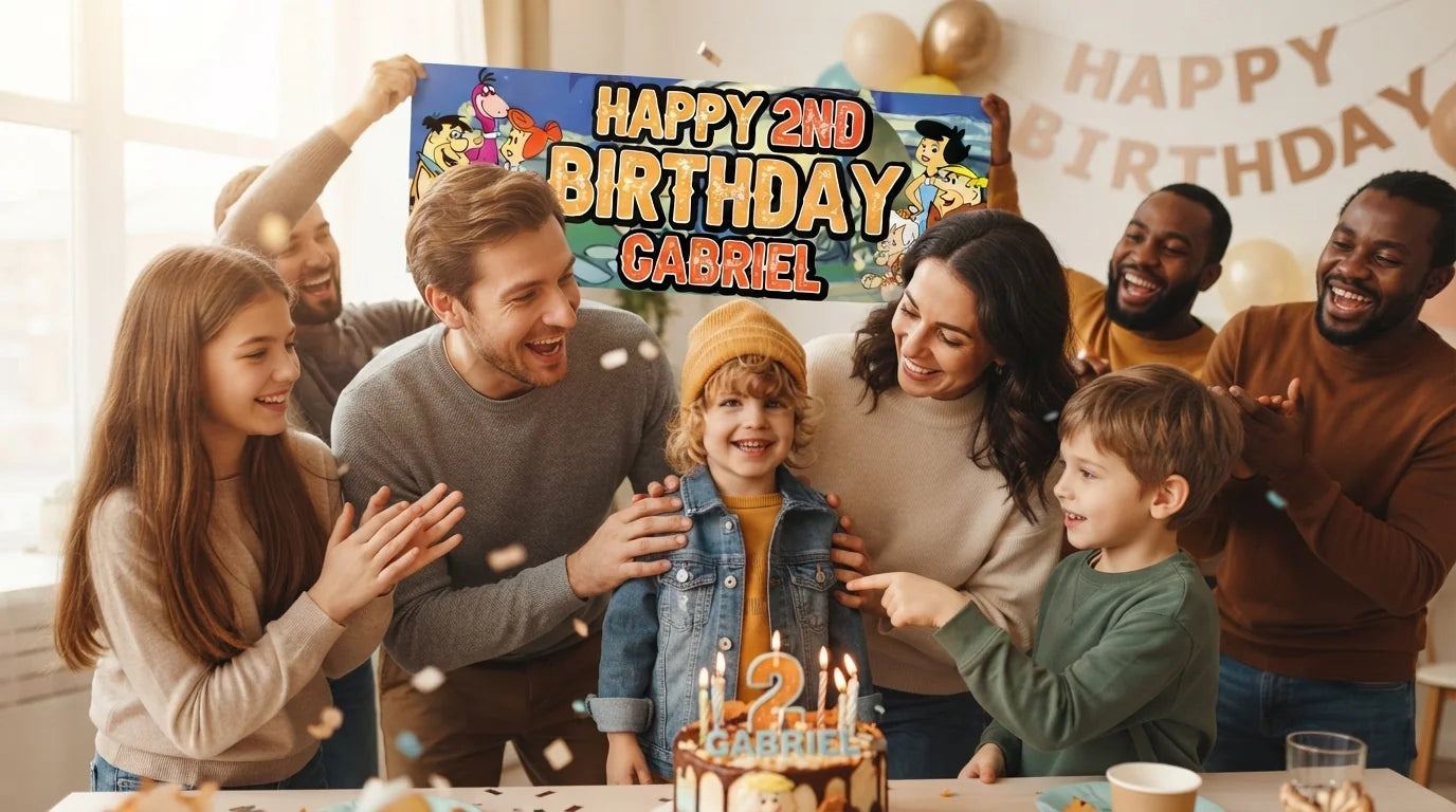 Friends and family celebrating with the personalised Flintstones Birthday Banner