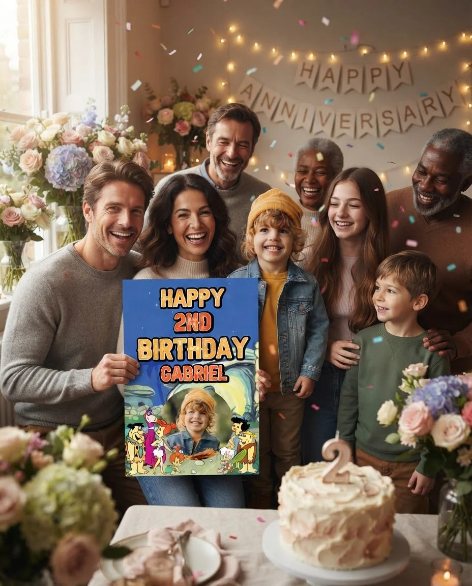 Friends and family celebrating with the personalised Flintstones Mega Card