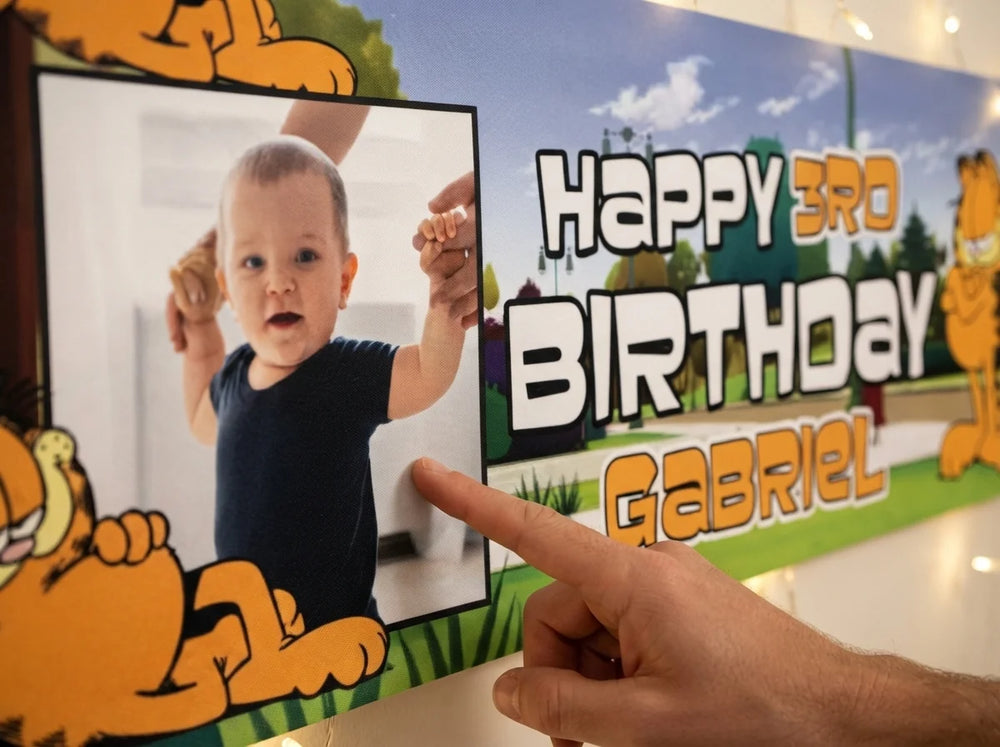 Close-up of the personalised name and photo printed on the Garfield Birthday Banner