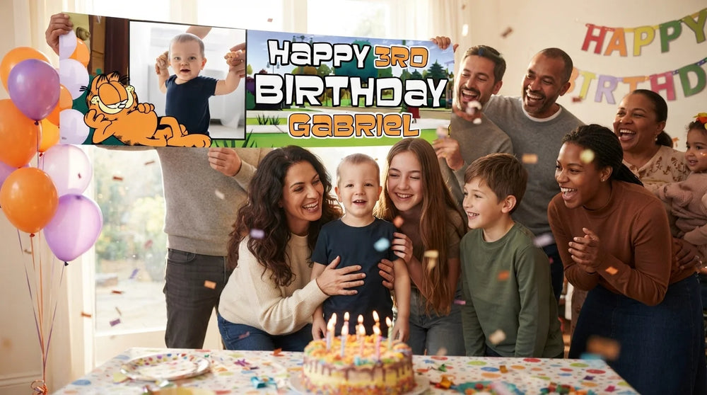 Friends and family celebrating with the personalised Garfield Birthday Banner