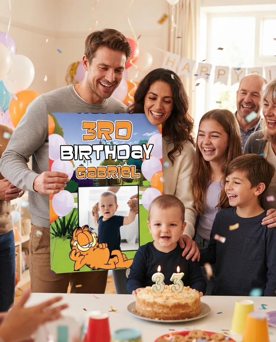 Friends and family celebrating with the personalised Garfield Mega Card