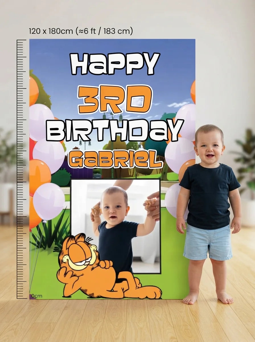 Person standing beside the Garfield Mega Card for scale in a size guide