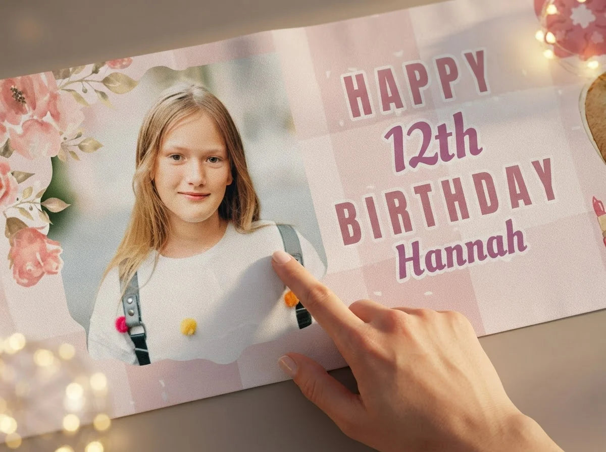 Close-up of the personalised name and photo printed on the Girlhood Birthday Party Banner
