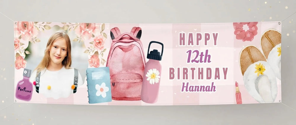 Personalised Girlhood Birthday Party Banner displayed against a plain studio background