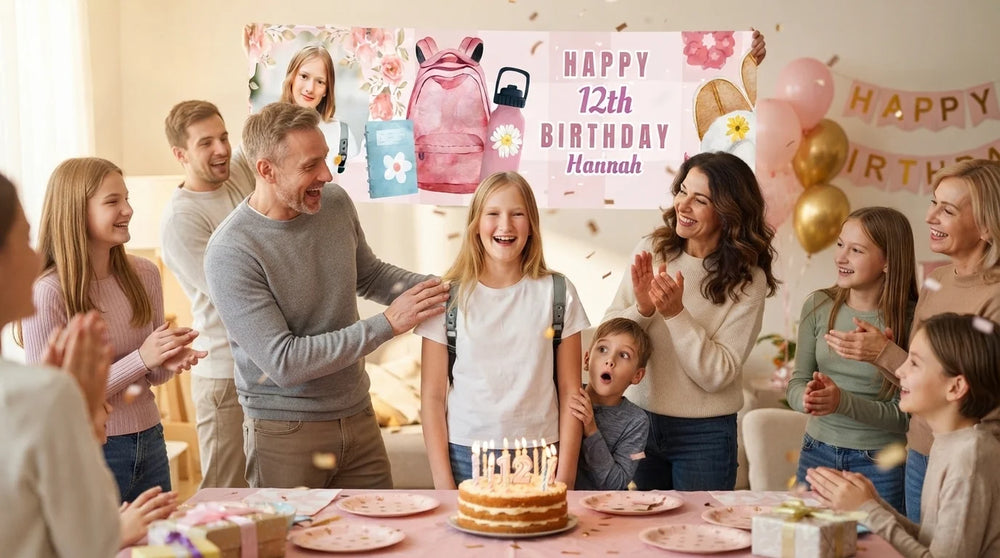 Friends and family celebrating with the personalised Girlhood Birthday Party Banner