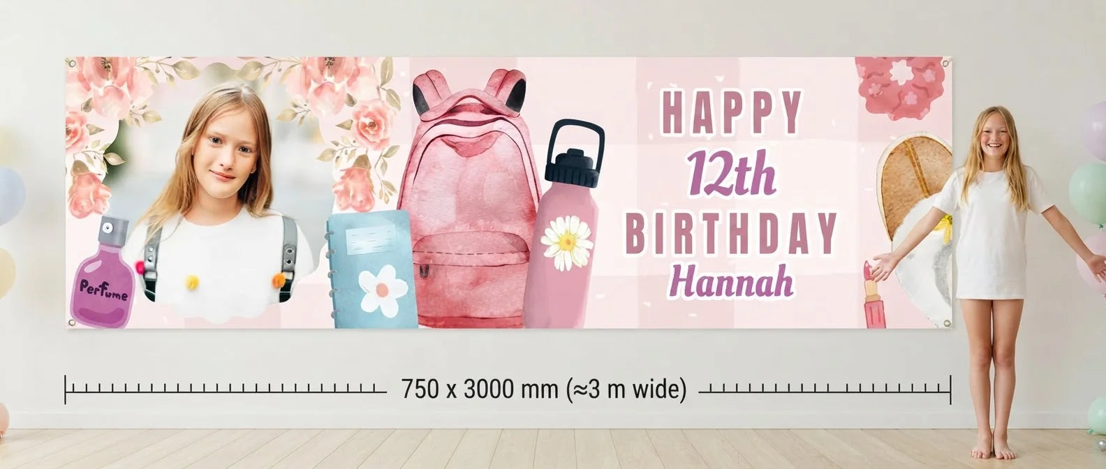 Person standing beside the Girlhood Birthday Party Banner for scale, with size guide showing 750 x 3000 mm