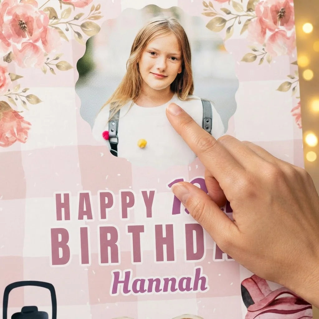Close-up of the personalised name and photo printed on the Girlhood Birthday Party Mega Card