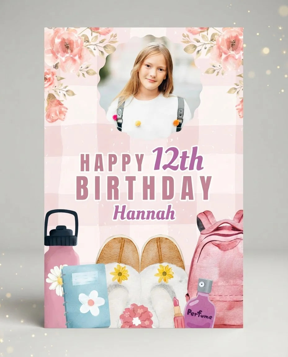 Personalised Girlhood Birthday Party Mega Card displayed against a plain studio background