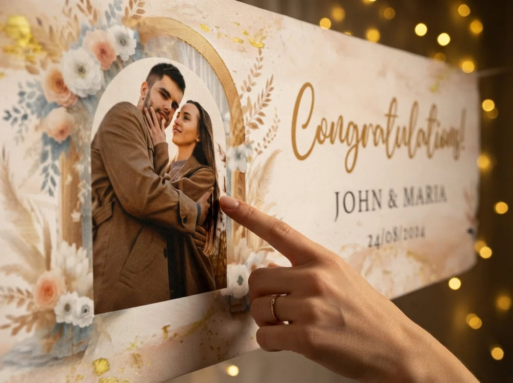 Close-up of the personalised name and photo printed on the Gold Boho Theme Wedding Banner