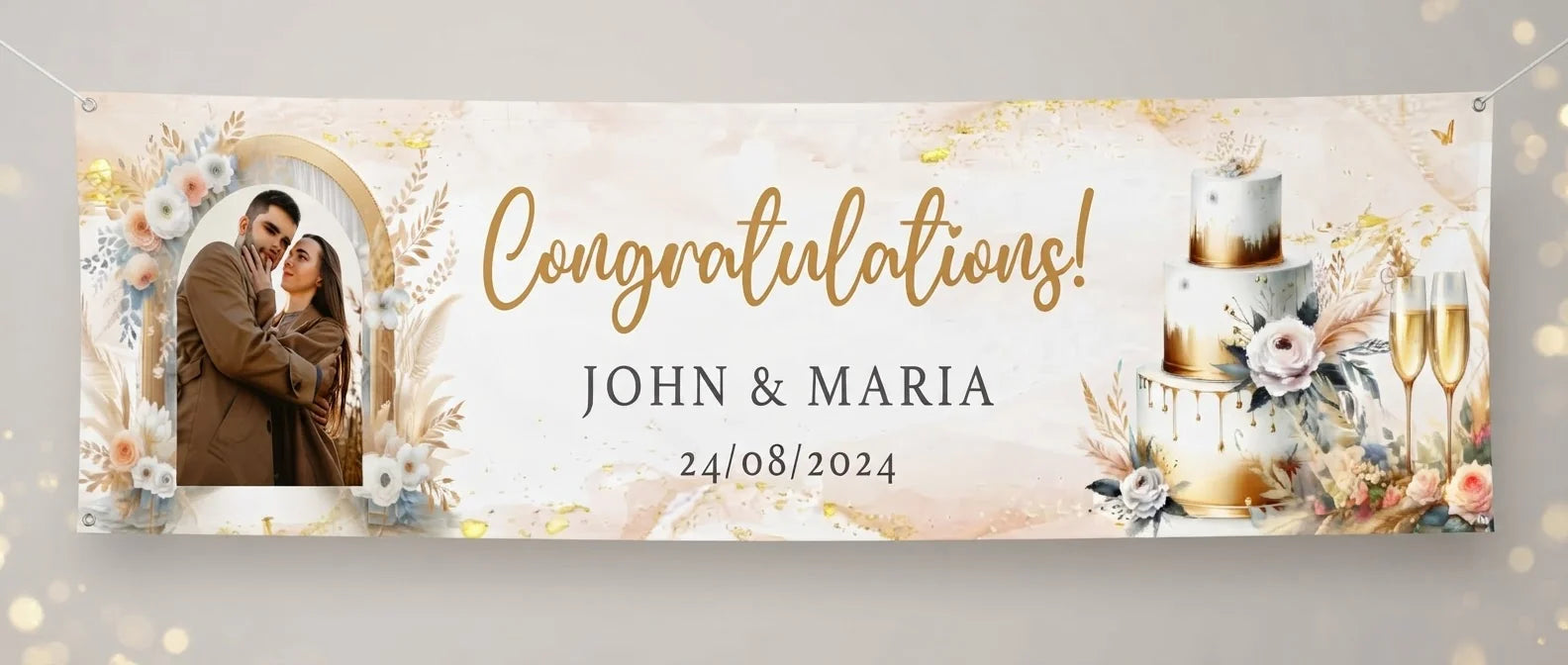 Personalised Gold Boho Theme Wedding Banner displayed against a plain studio background