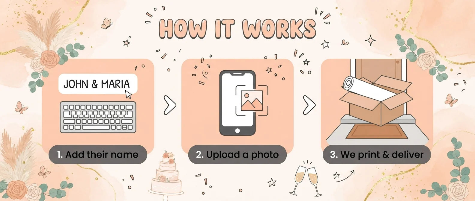 How it works: add a name, upload a photo, and we print and deliver the Gold Boho Theme Wedding Banner