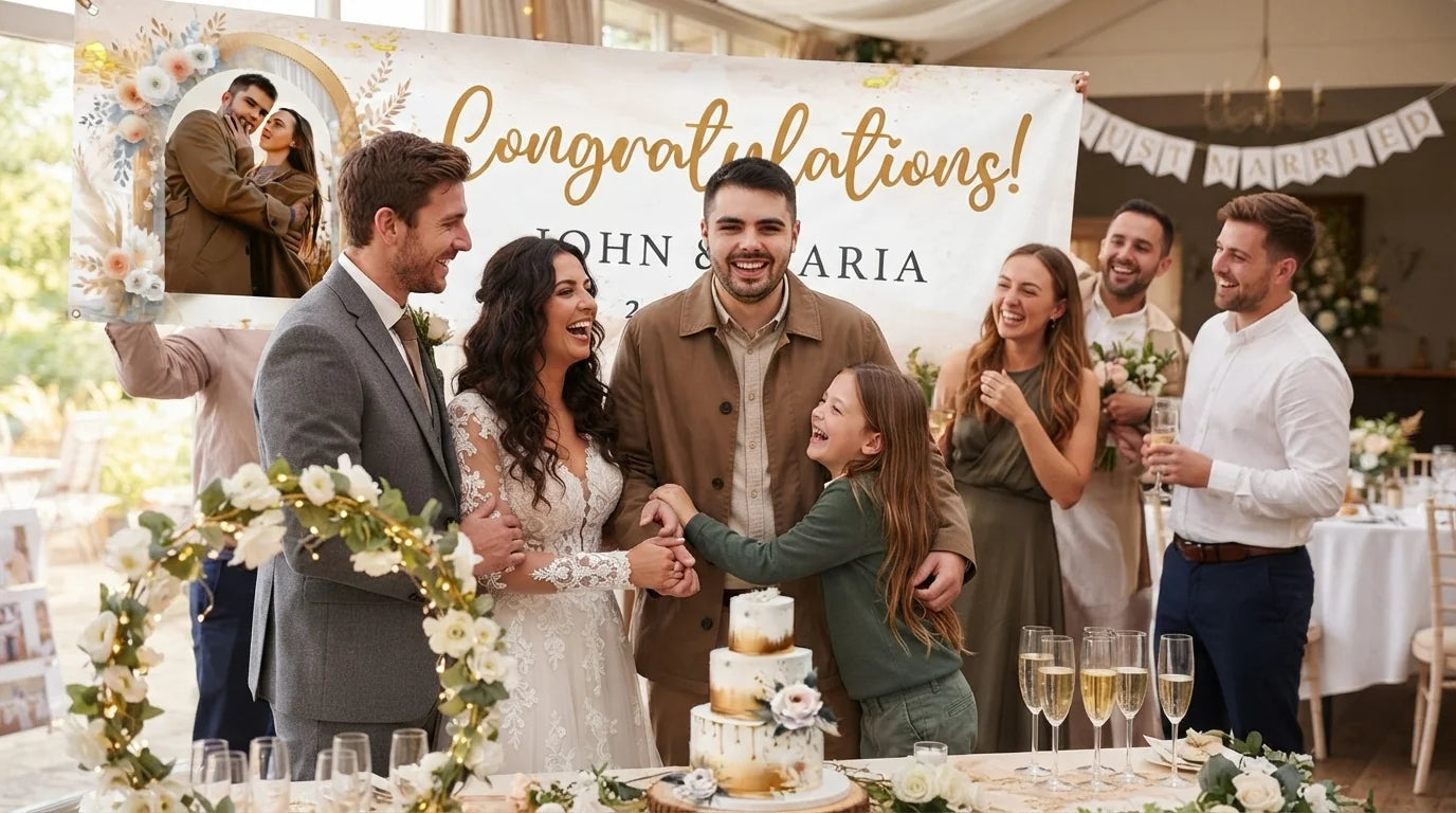 Friends and family celebrating with the personalised Gold Boho Theme Wedding Banner
