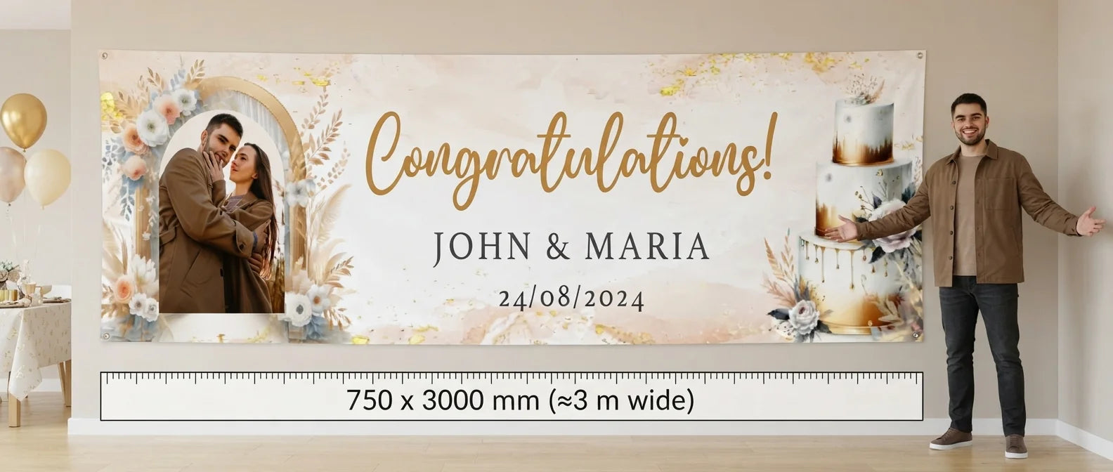 Person standing beside the Gold Boho Theme Wedding Banner for scale, with size guide showing 750 x 3000 mm