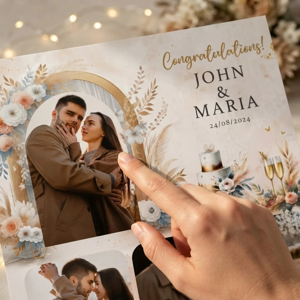 Close-up of the personalised name and photo printed on the Gold Boho Theme Wedding Mega Card