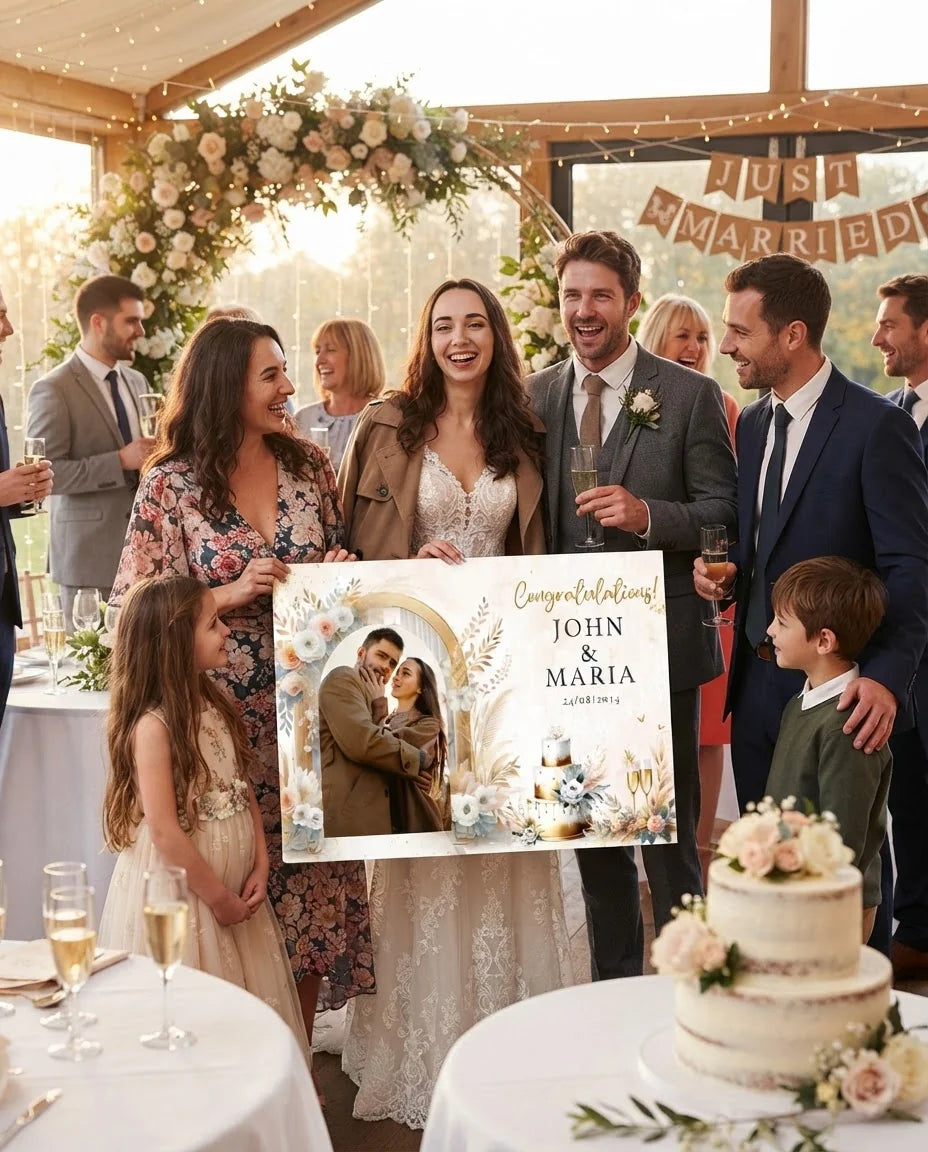 Friends and family celebrating with the personalised Gold Boho Theme Wedding Mega Card