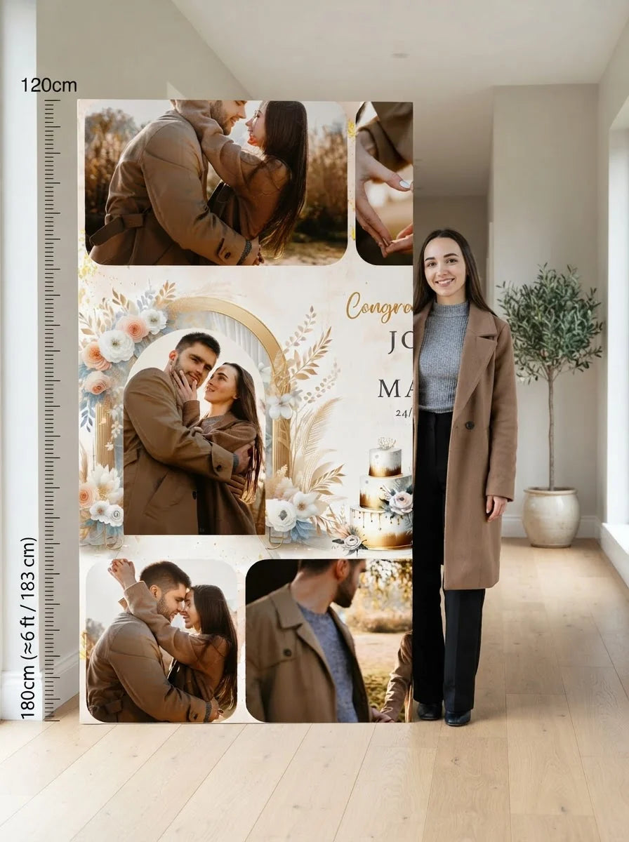 Person standing beside the Gold Boho Theme Wedding Mega Card for scale in a size guide