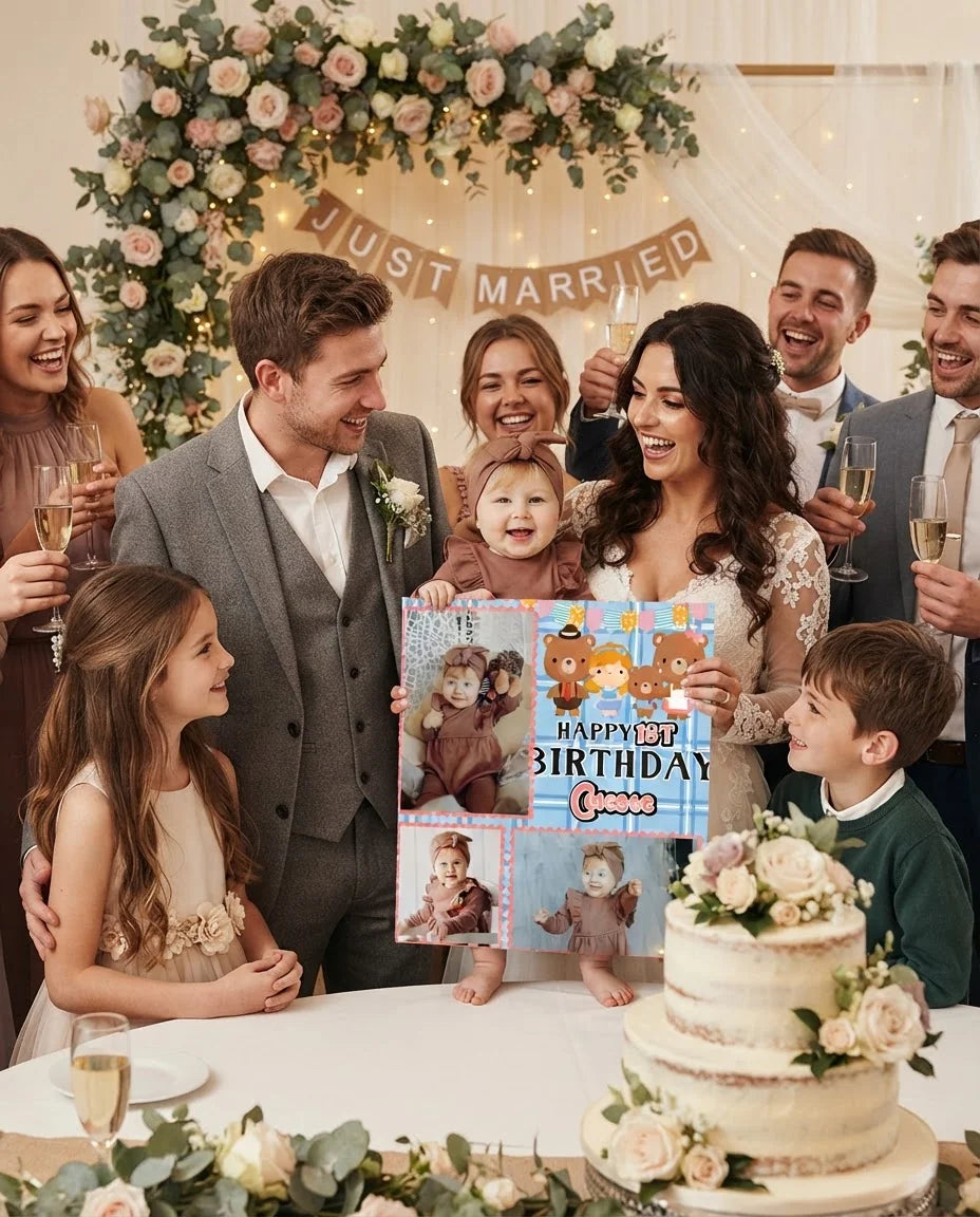 Friends and family celebrating with the personalised Goldilocks Mega Card