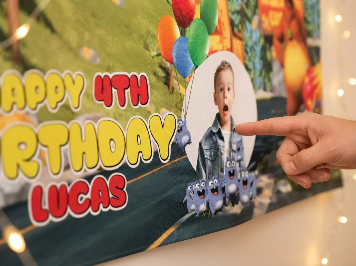 Close-up of the personalised name and photo printed on the Grizzy and the Lemmings