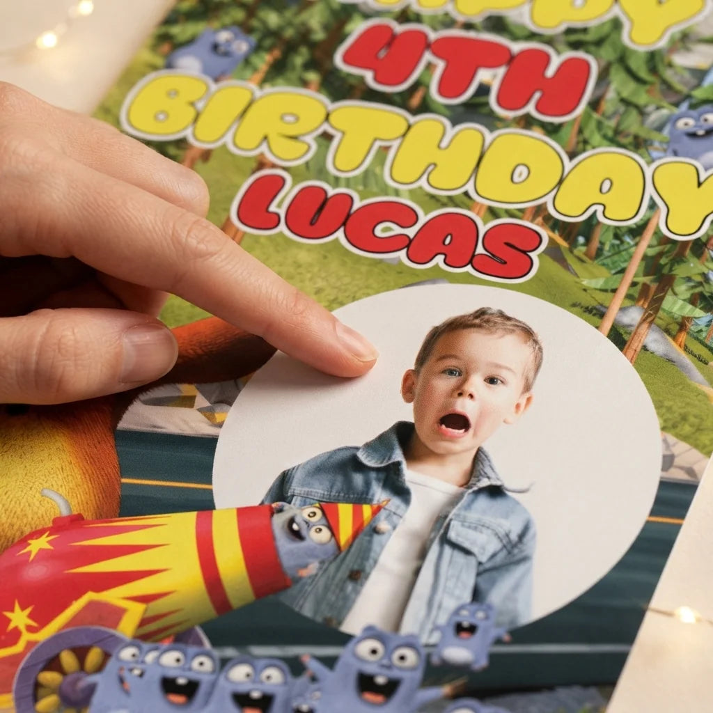 Close-up of the personalised name and photo printed on the Grizzy and The Lemmings Mega Card