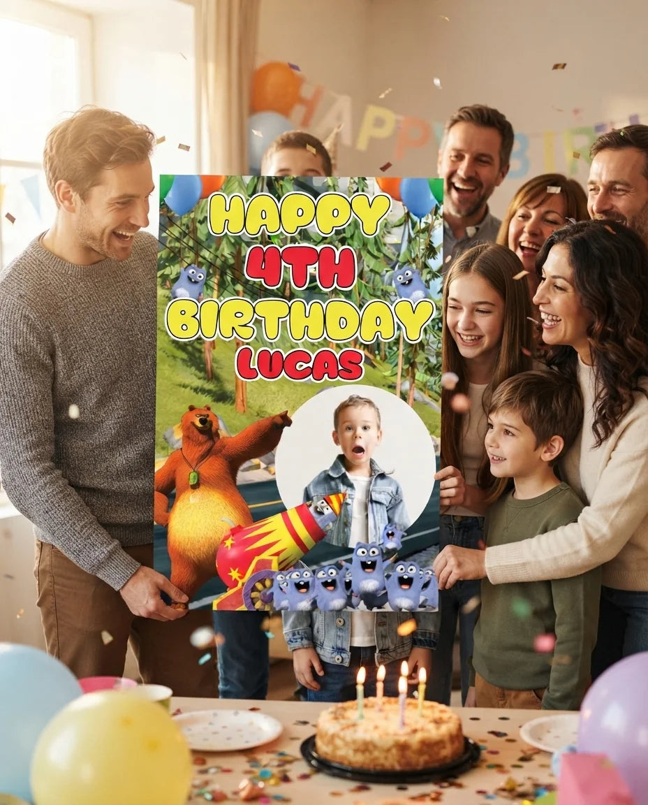 Friends and family celebrating with the personalised Grizzy and The Lemmings Mega Card