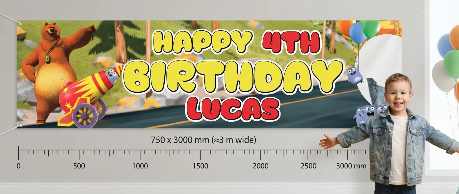 Person standing beside the Grizzy and the Lemmings for scale, with size guide showing 750 x 3000 mm