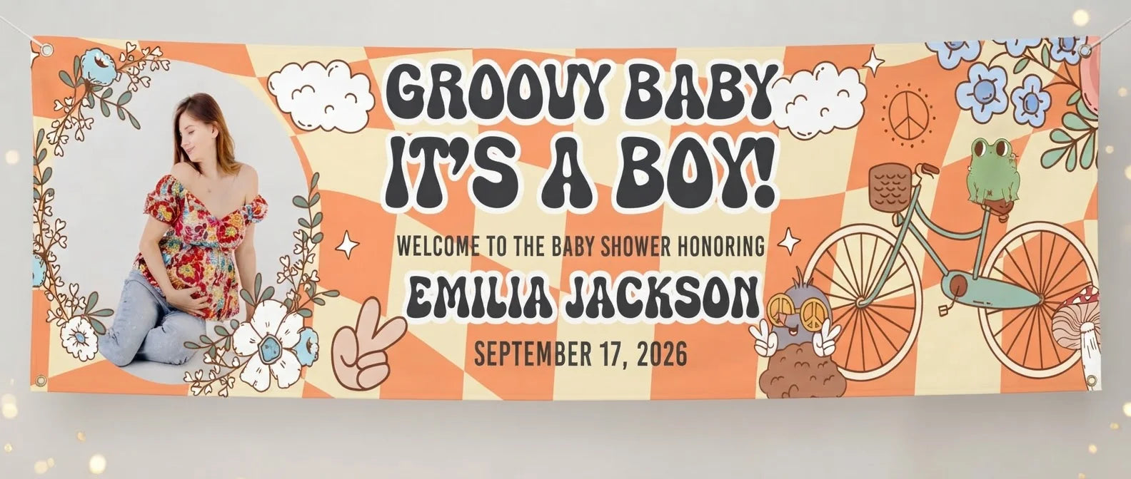 Personalised Groovy Baby Boy Baby Shower Party Banner displayed against a plain studio background
