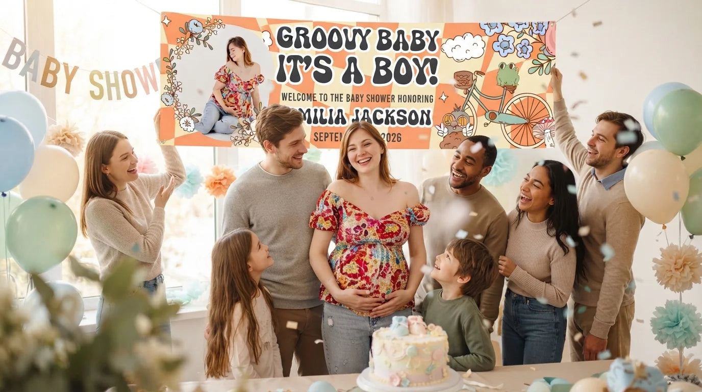 Friends and family celebrating with the personalised Groovy Baby Boy Baby Shower Party Banner