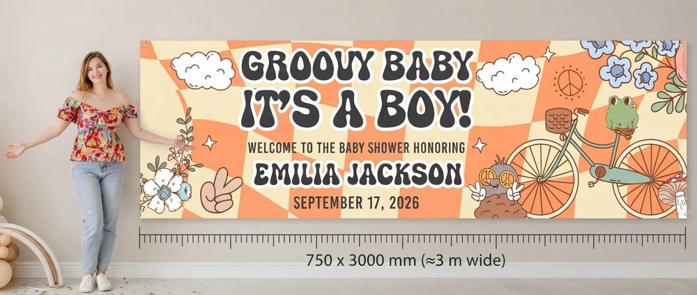 Person standing beside the Groovy Baby Boy Baby Shower Party Banner for scale, with size guide showing 750 x 3000 mm
