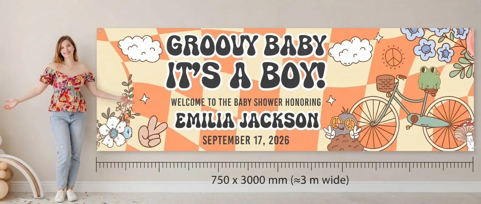 Person standing beside the Groovy Baby Boy Baby Shower Party Banner for scale, with size guide showing 750 x 3000 mm