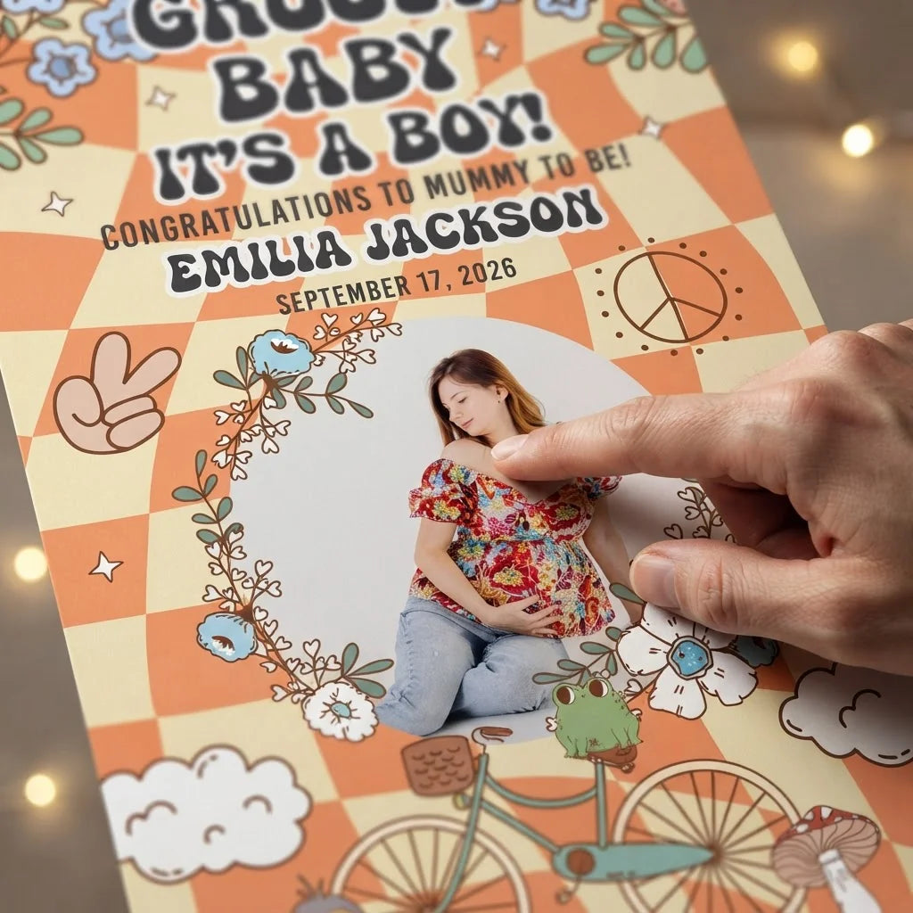 Close-up of the personalised name and photo printed on the Groovy Baby Boy Baby Shower Party Mega Card