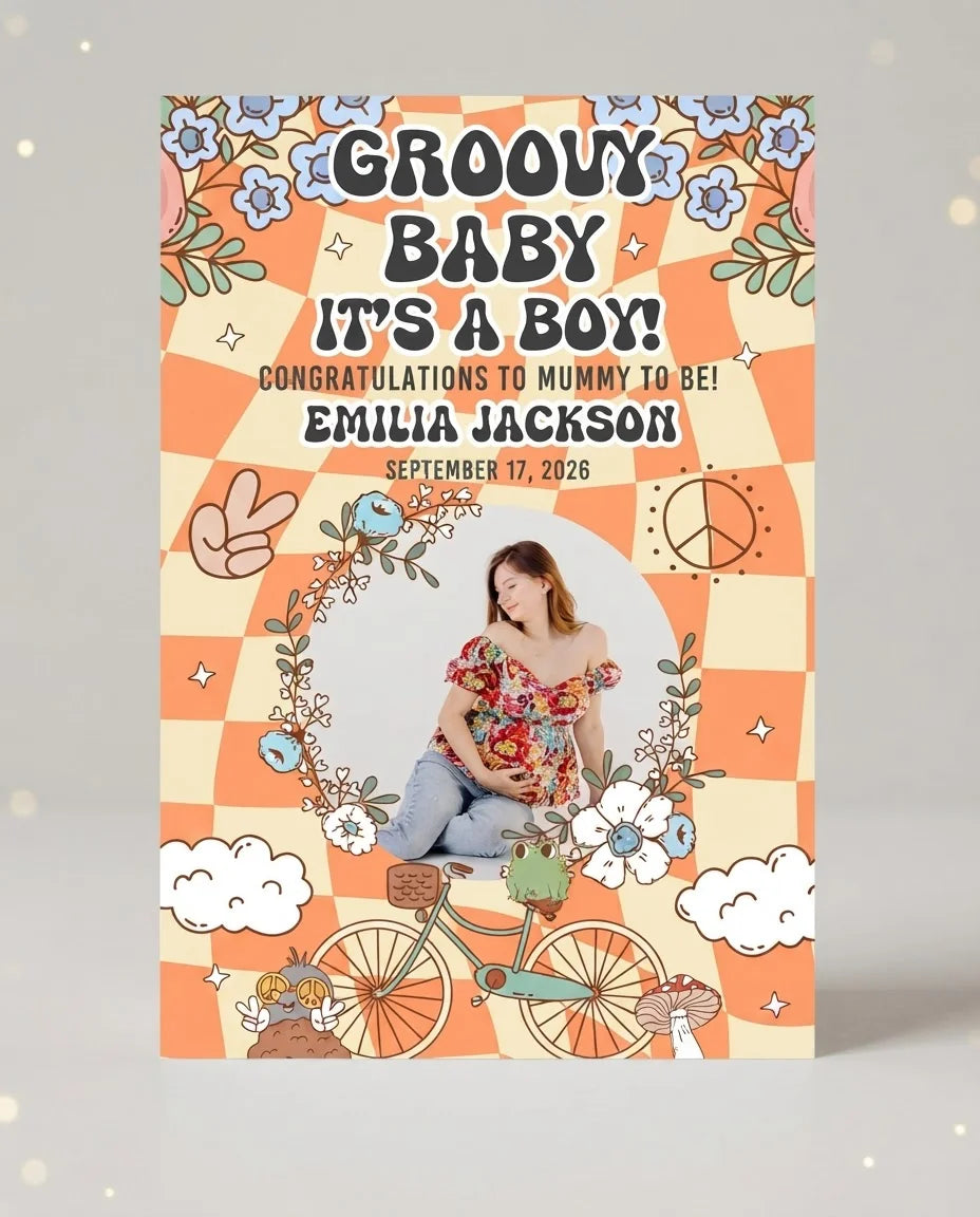 Personalised Groovy Baby Boy Baby Shower Party Mega Card displayed against a plain studio background