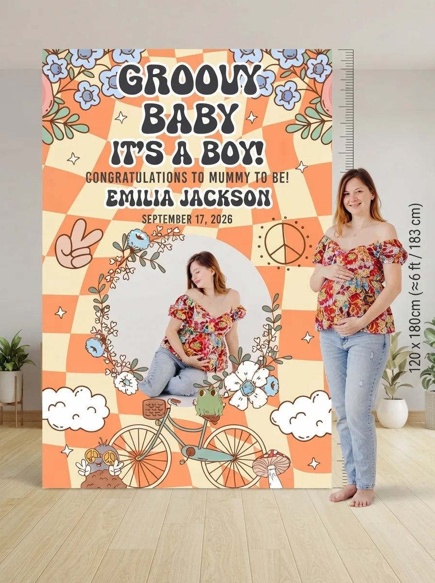 Person standing beside the Groovy Baby Boy Baby Shower Party Mega Card for scale in a size guide