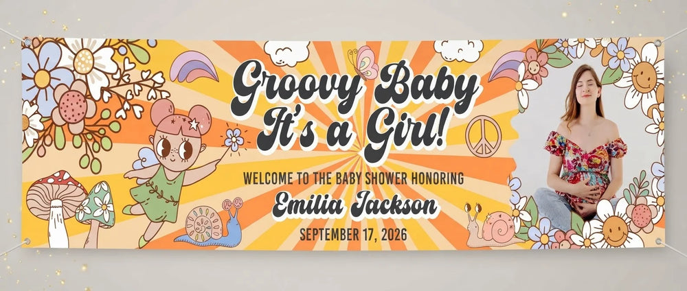 Personalised Groovy Baby Girl Baby Shower Party Banner displayed against a plain studio background