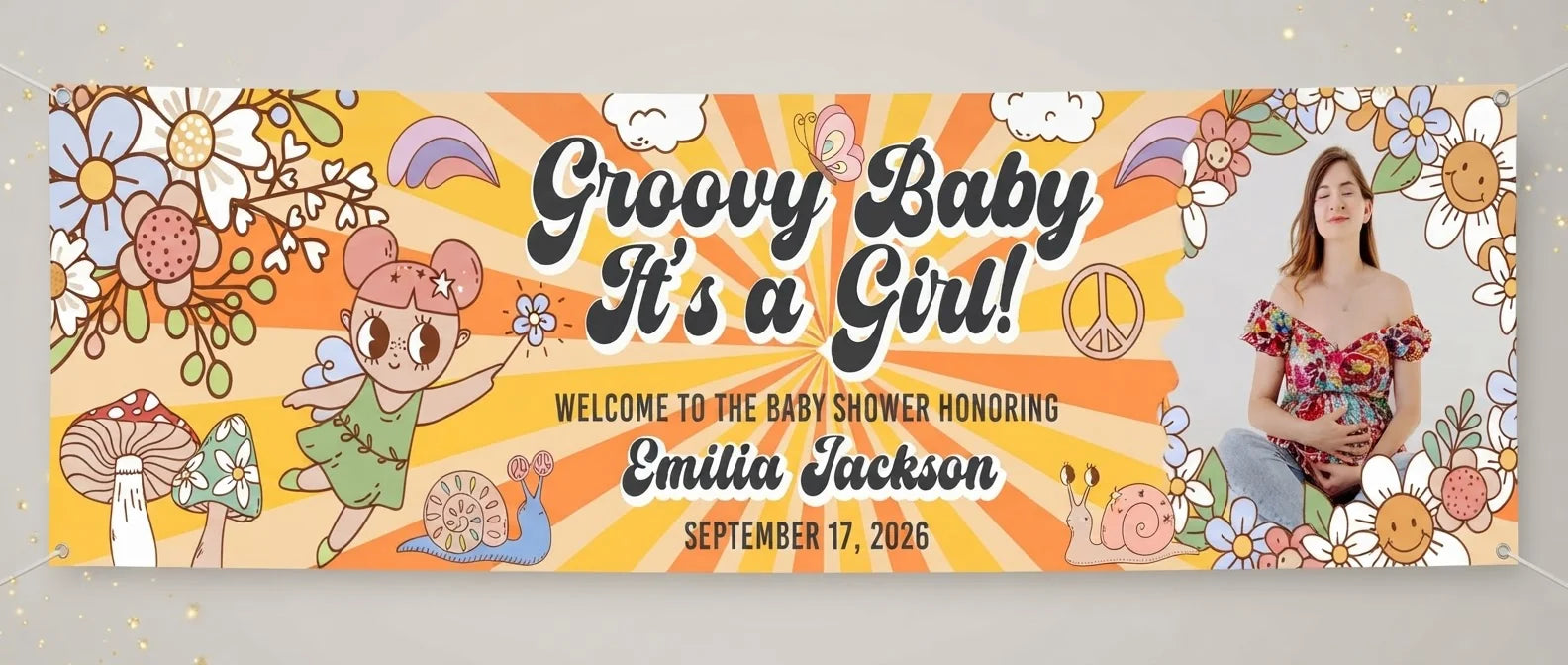 Personalised Groovy Baby Girl Baby Shower Party Banner displayed against a plain studio background