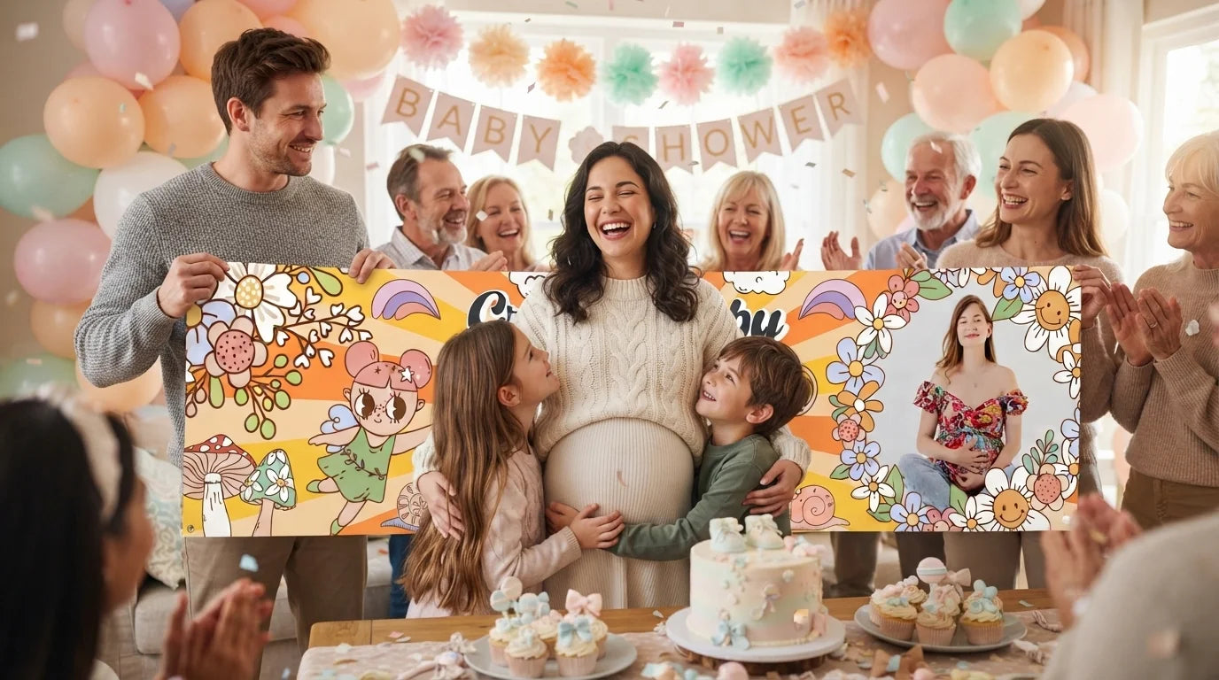 Friends and family celebrating with the personalised Groovy Baby Girl Baby Shower Party Banner