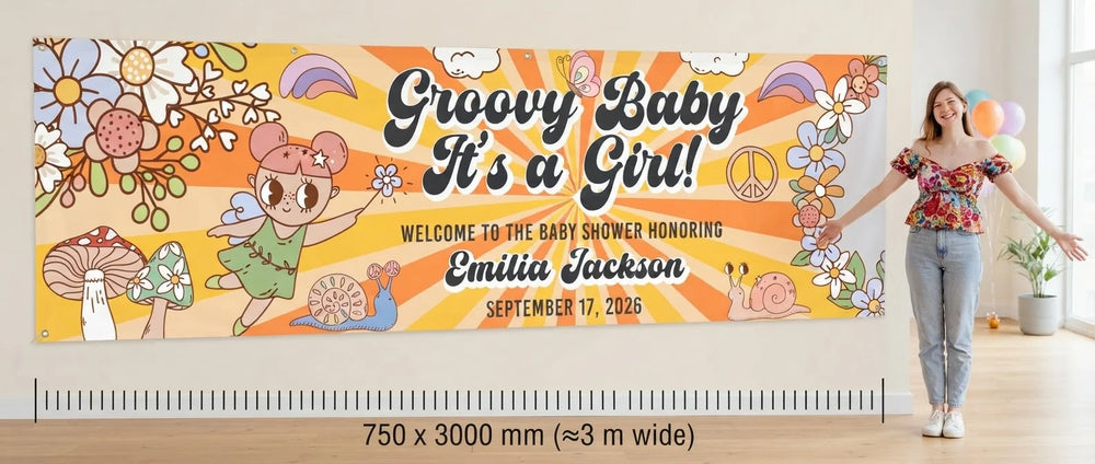 Person standing beside the Groovy Baby Girl Baby Shower Party Banner for scale, with size guide showing 750 x 3000 mm