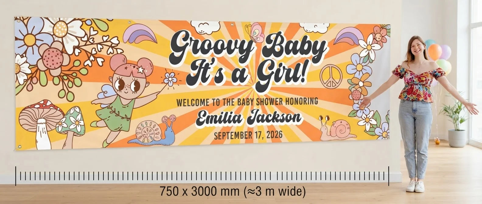 Person standing beside the Groovy Baby Girl Baby Shower Party Banner for scale, with size guide showing 750 x 3000 mm