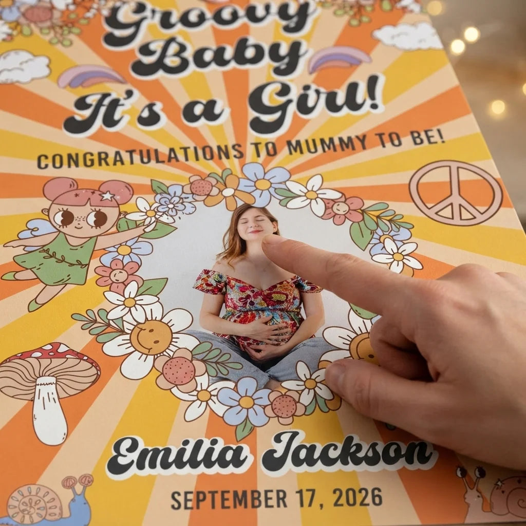 Close-up of the personalised name and photo printed on the Groovy Baby Girl Baby Shower Party Mega Card