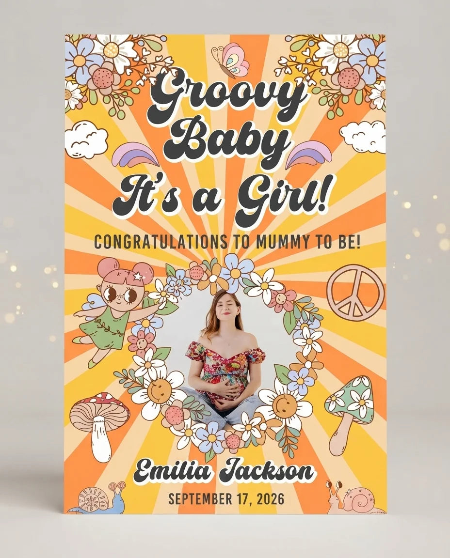 Personalised Groovy Baby Girl Baby Shower Party Mega Card displayed against a plain studio background