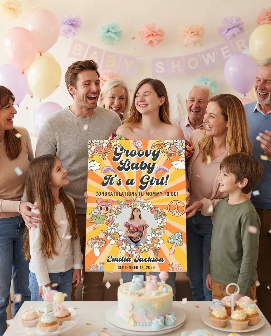 Friends and family celebrating with the personalised Groovy Baby Girl Baby Shower Party Mega Card