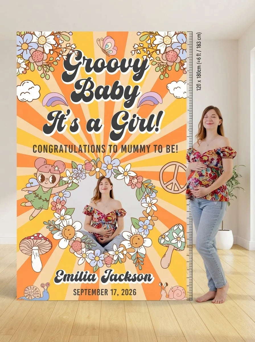 Person standing beside the Groovy Baby Girl Baby Shower Party Mega Card for scale in a size guide