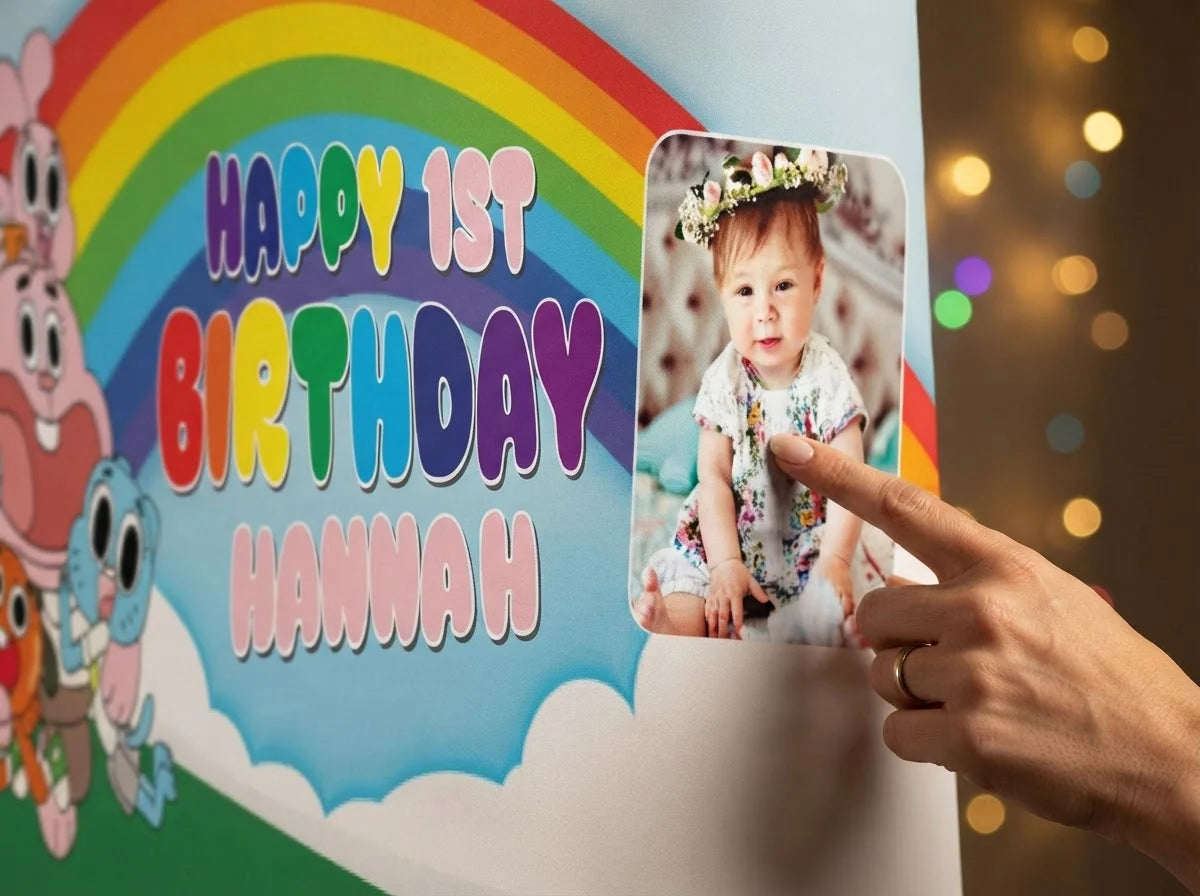 Close-up of the personalised name and photo printed on the Gumball Birthday Banner