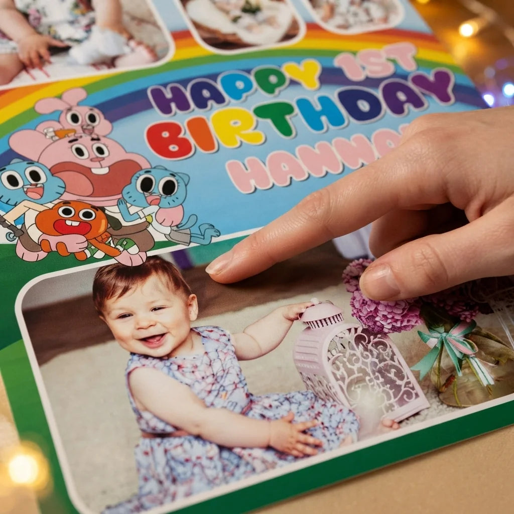 Close-up of the personalised name and photo printed on the Gumball Mega Card