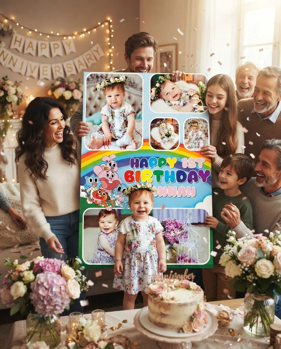 Friends and family celebrating with the personalised Gumball Mega Card