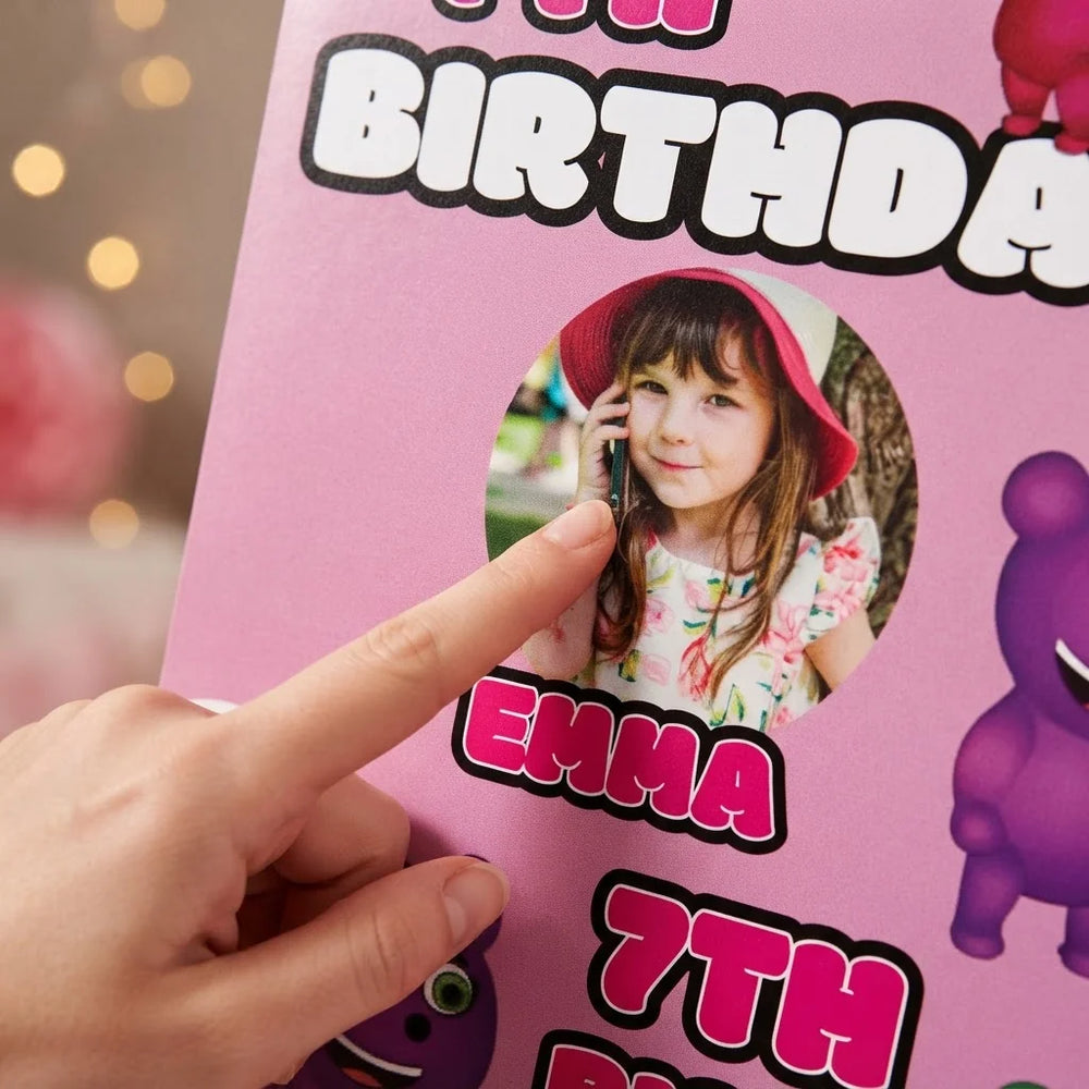 Close-up of the personalised name and photo printed on the Gummy Bear Mega Card
